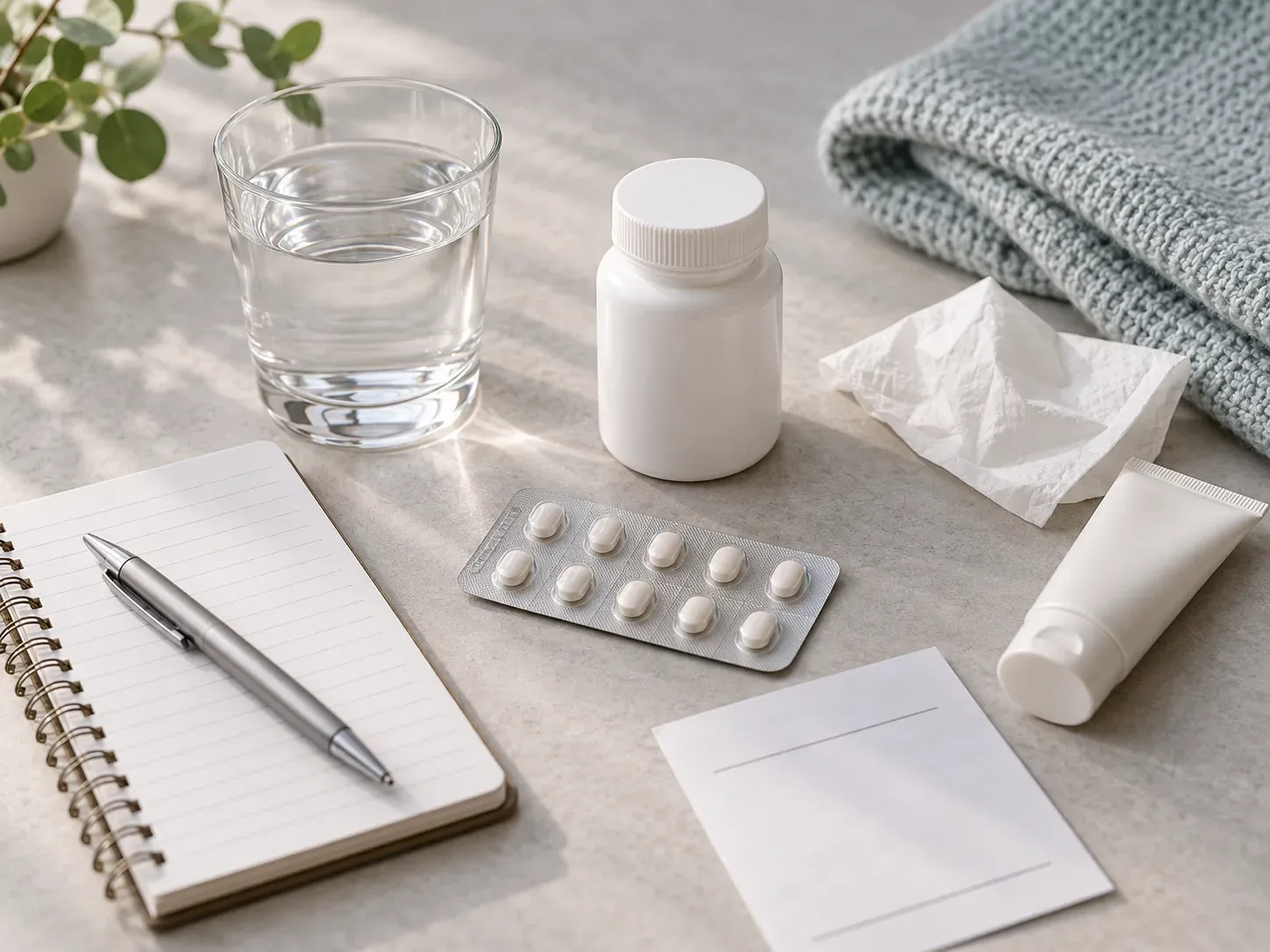 A calm bedside still life: a blister strip of white tablets beside a white pill bottle, a glass of water, an open notebook and pen, a tube of moisturizing cream, a tissue, a folded knit blanket, and a small green plant.