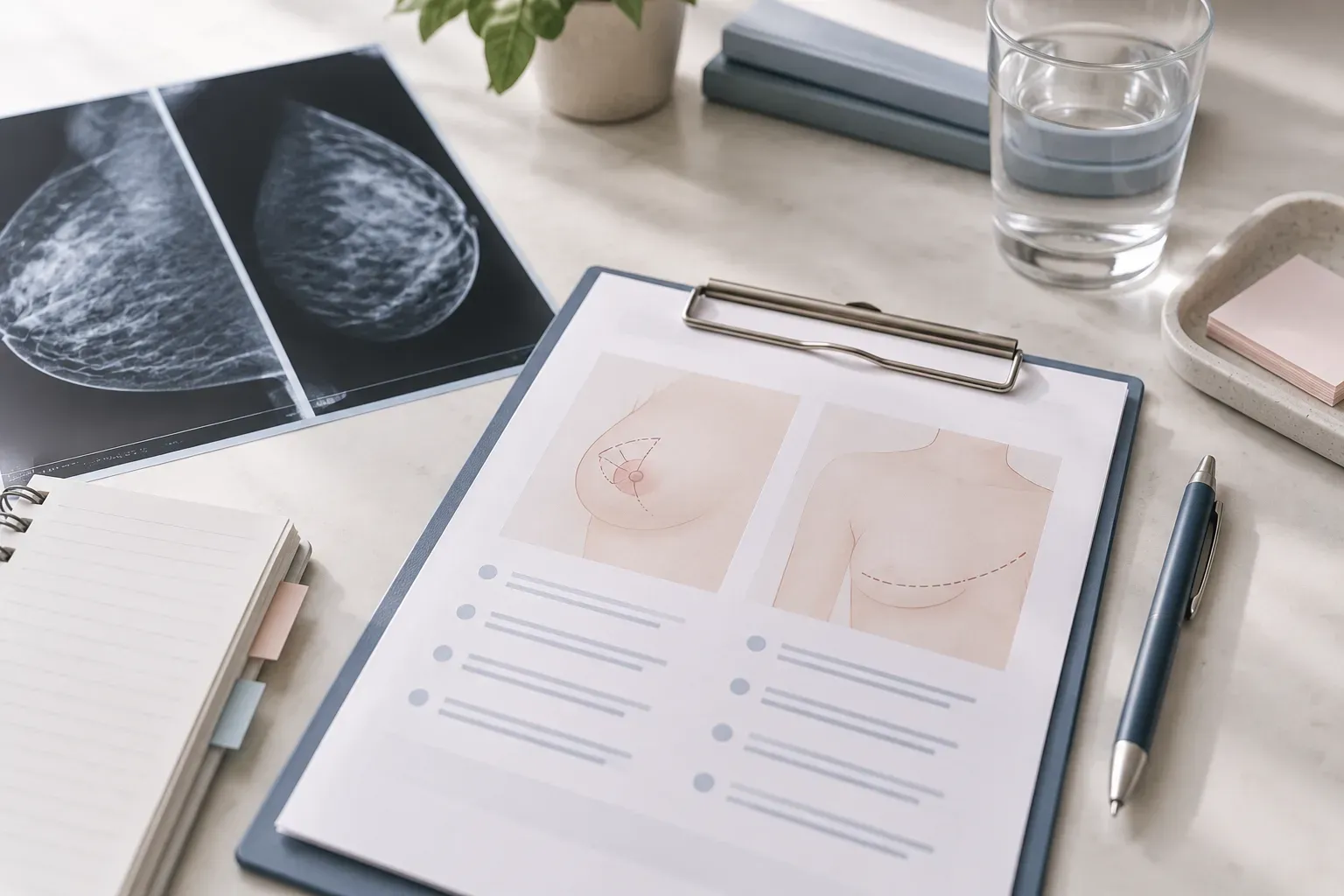A consultation desk with mammogram films, a clipboard of illustrations comparing lumpectomy and mastectomy incisions, an open notebook and pen, a glass of water, and sticky notes.